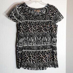 Art & SOUL Tiered Tunic - Animal Print, Smocked & Beaded Neckline; Size Large